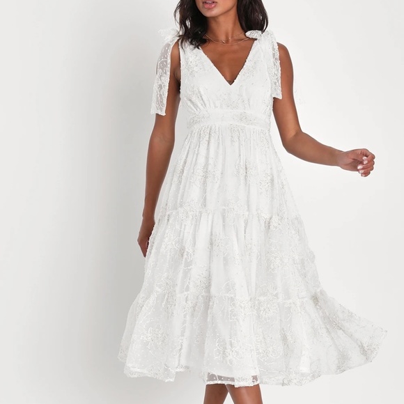 Lulus Forever Endearing White Swiss Dot Embroidered Midi Dress - Picture 1 of 7